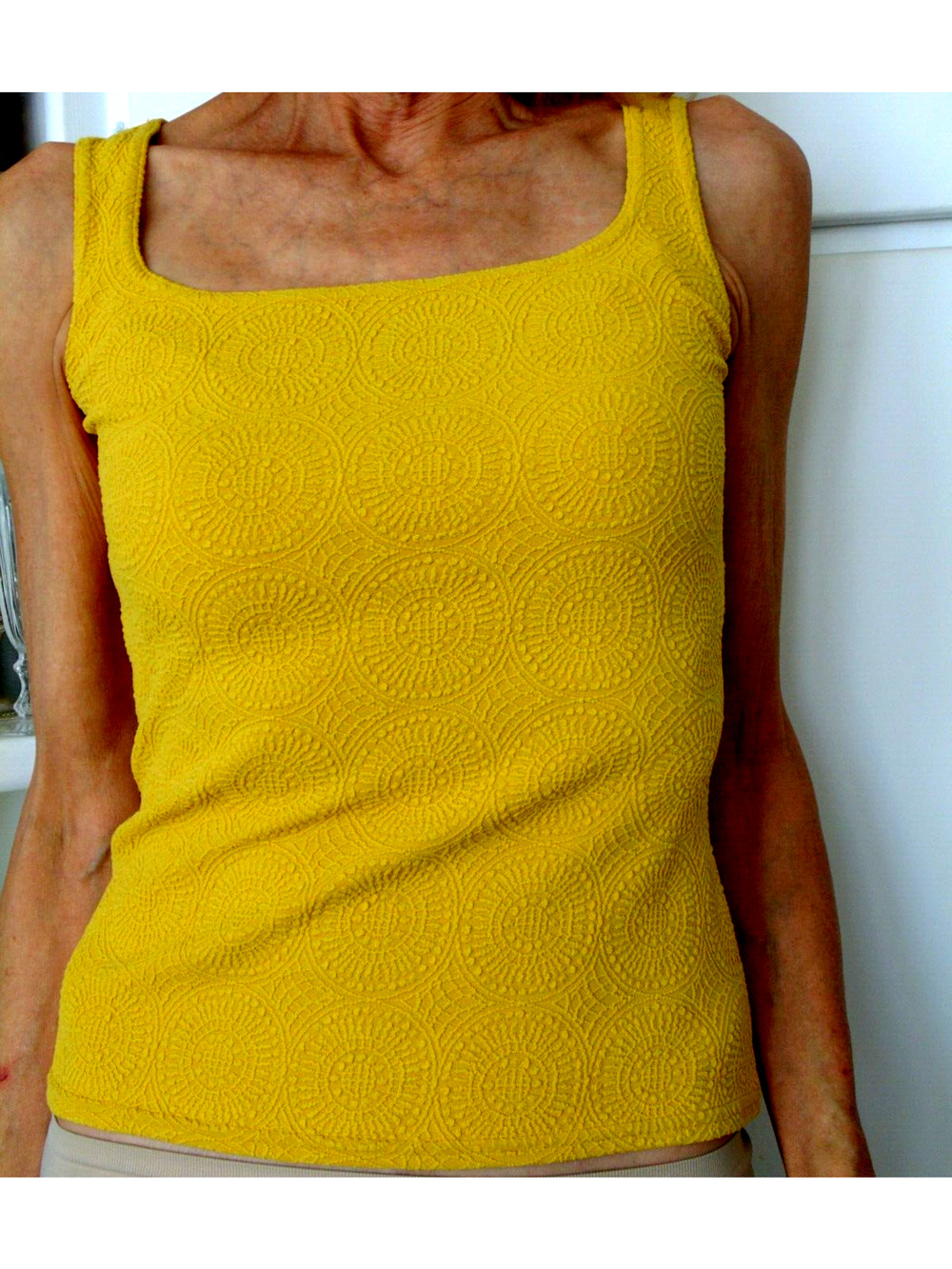 New Y2K Mustard Yellow Stretch Cami Tank Top Square Neck Waffle Knit Womens S